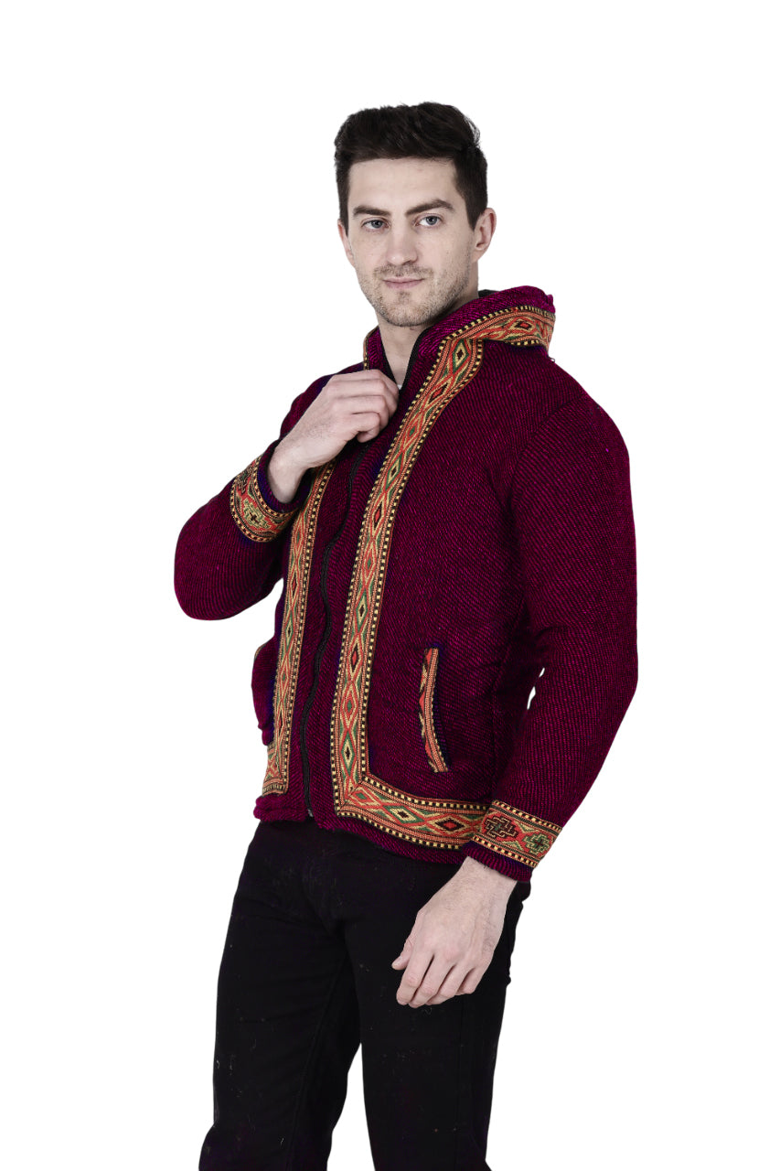 A man models the aruna kullu handloom ZIPPER Jacket for MEN & Women in maroon with kullu border, standing against a white background, holding the collar and looking forward.