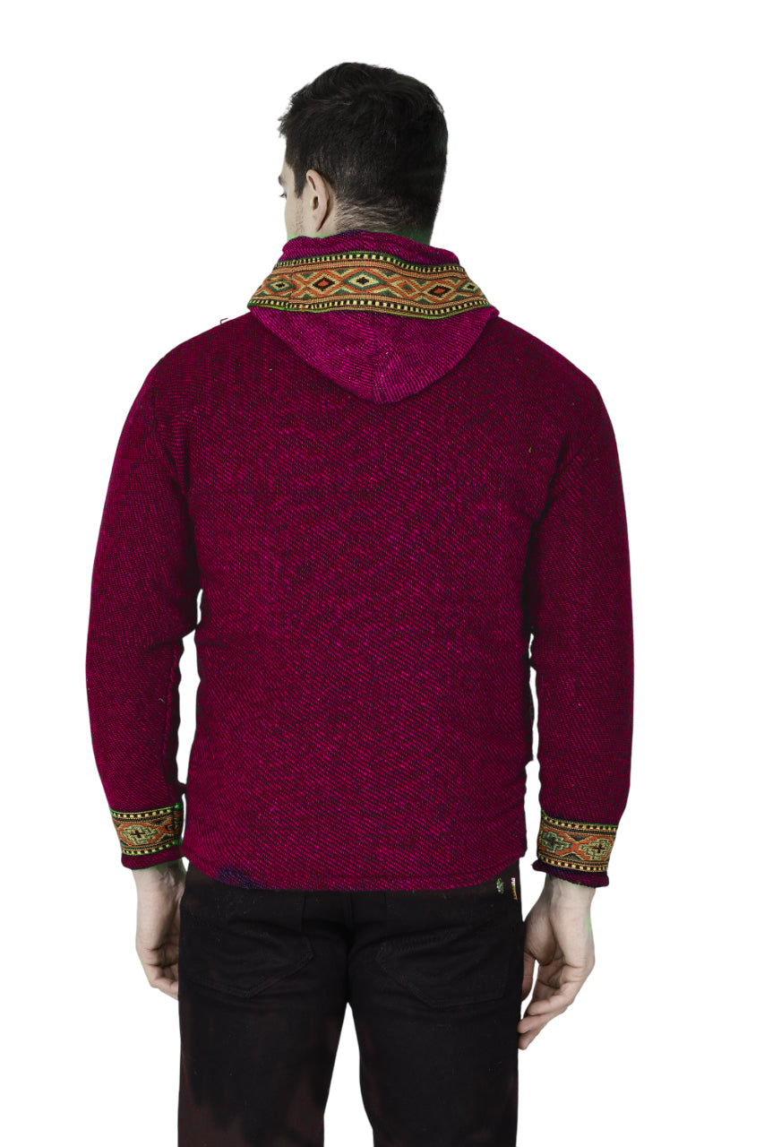 A man faces away, wearing the aruna kullu handloom ZIPPER Jacket for MEN & Women in maroon with a decorative kullu border on the hood, collar, and cuffs. Background is plain white.