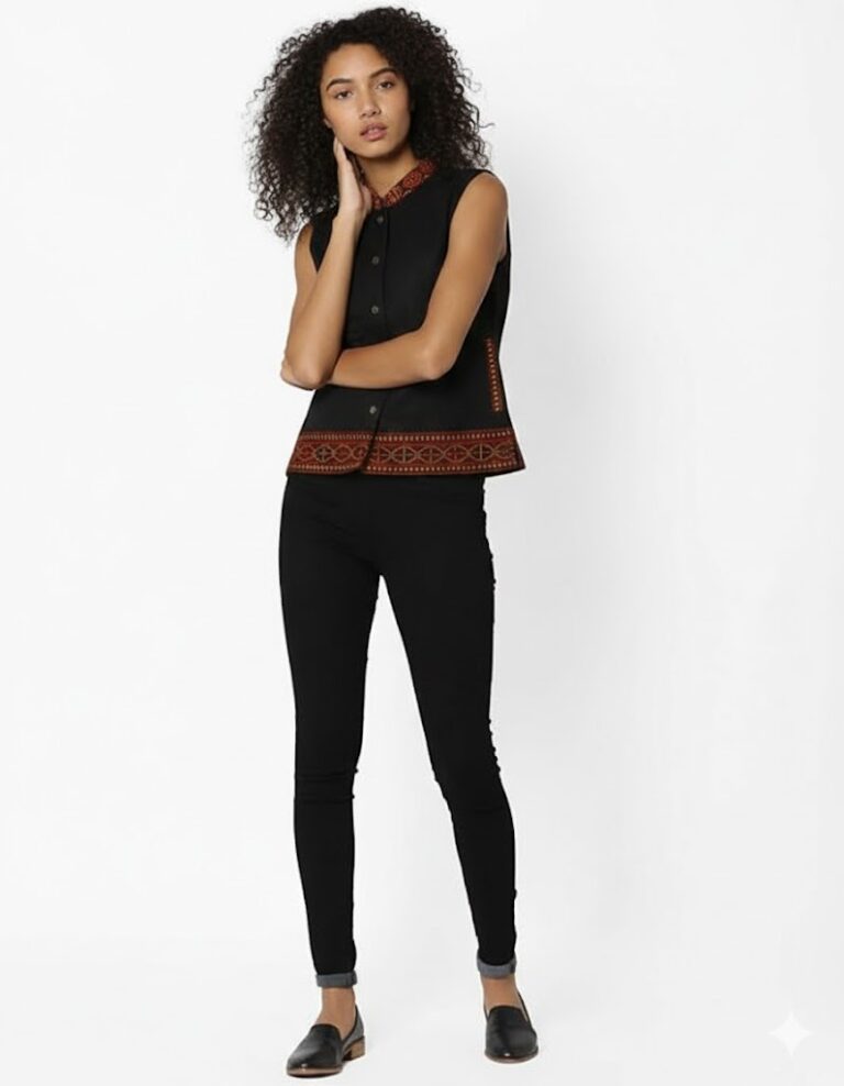 A woman with curly hair poses against a white background, wearing the aruna kullu handloom Himachali traditional stylish woolen winter wear jacket for women (short). She has one hand on her chin and the other at her side.