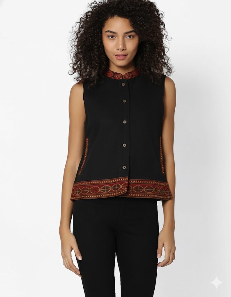 A woman with curly hair models the aruna kullu handloom himachali traditional stylish woolen winter wear jacket for women in short, paired with black pants, standing against a white background.