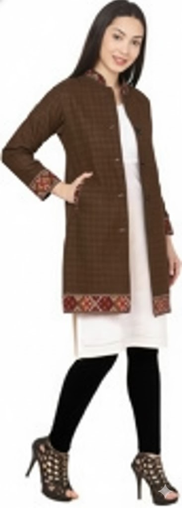 A woman smiles as she stands wearing the aruna kullu handloom himachali Long Jacket for ladies in brown check with full sleeves over a white dress, paired with black leggings and high-heeled sandals.