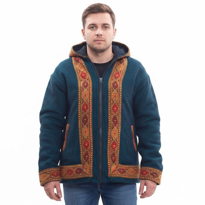 Woolen Winter Wear ZIPPER HOODIE Jacket for MEN WITH KULLU PATTI WORK sapanish blue 1299.00 aruna kullu handloom