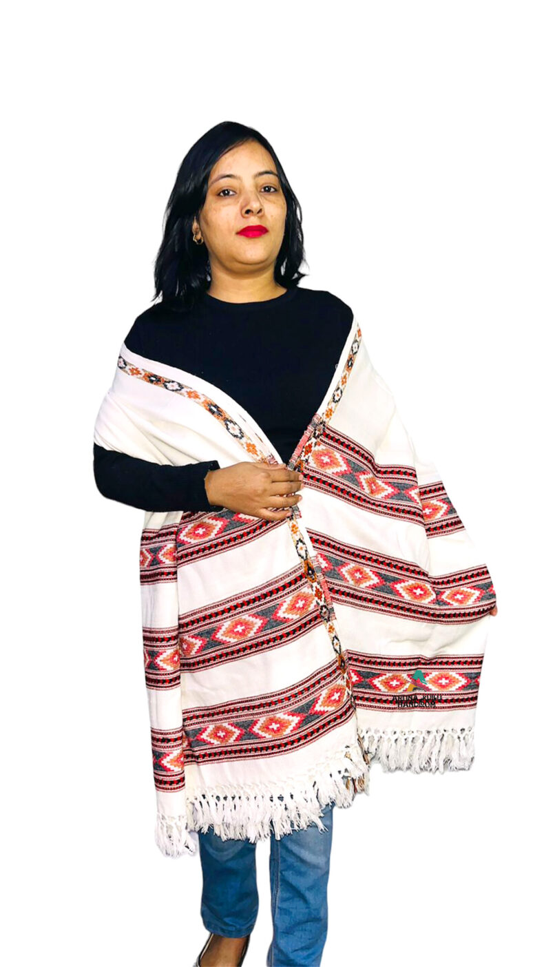 Shimla shawls Himachal shawls emporium famous handicrafts of himachal Pradesh handicraft of Himachal Pradesh kullu manali shawls himachal emporium online ANGORA Shawl with Beautiful Kullu Weaving Designed white famous handicrafts of himachal Pradesh handicraft of himachal Pradesh kullu manali shawls Shimla shawls