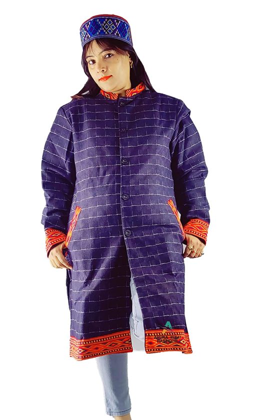 long overcoat for ladies handloom industry in himachal Pradesh emporium chandigarh Mumbai himalayan himcraft handloom Long Woolen Coat for Ladies kullu jacket, kullu jacket for ladies, himachali jacket , himachali jacket for ladies, kullu jacket full sleeve