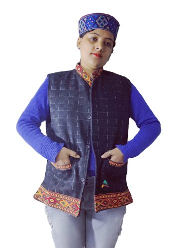 Kullu Ladies Woolen Jacket with traditional kullu patti work reversal black Pahadi jacket
