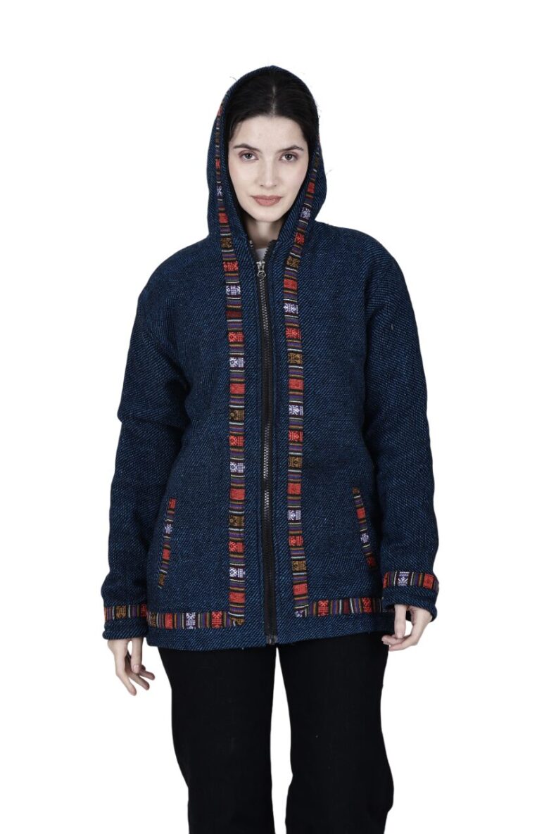 manali hoodies Woolen hoodie Jacket for MEN & Women WITH KULLU PATTI WORK Spanish BLUE - Image 3