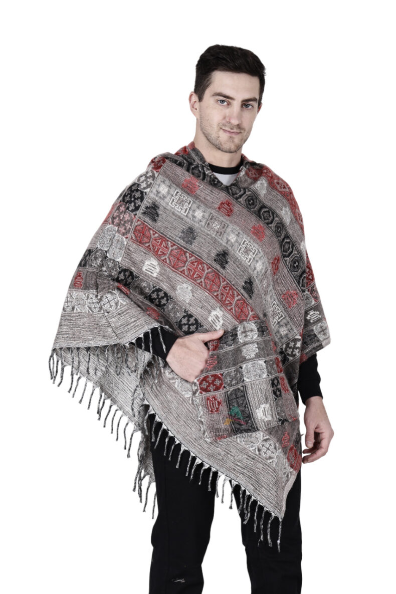 kullu shawl woolen poncho with hood for men grey - Image 3