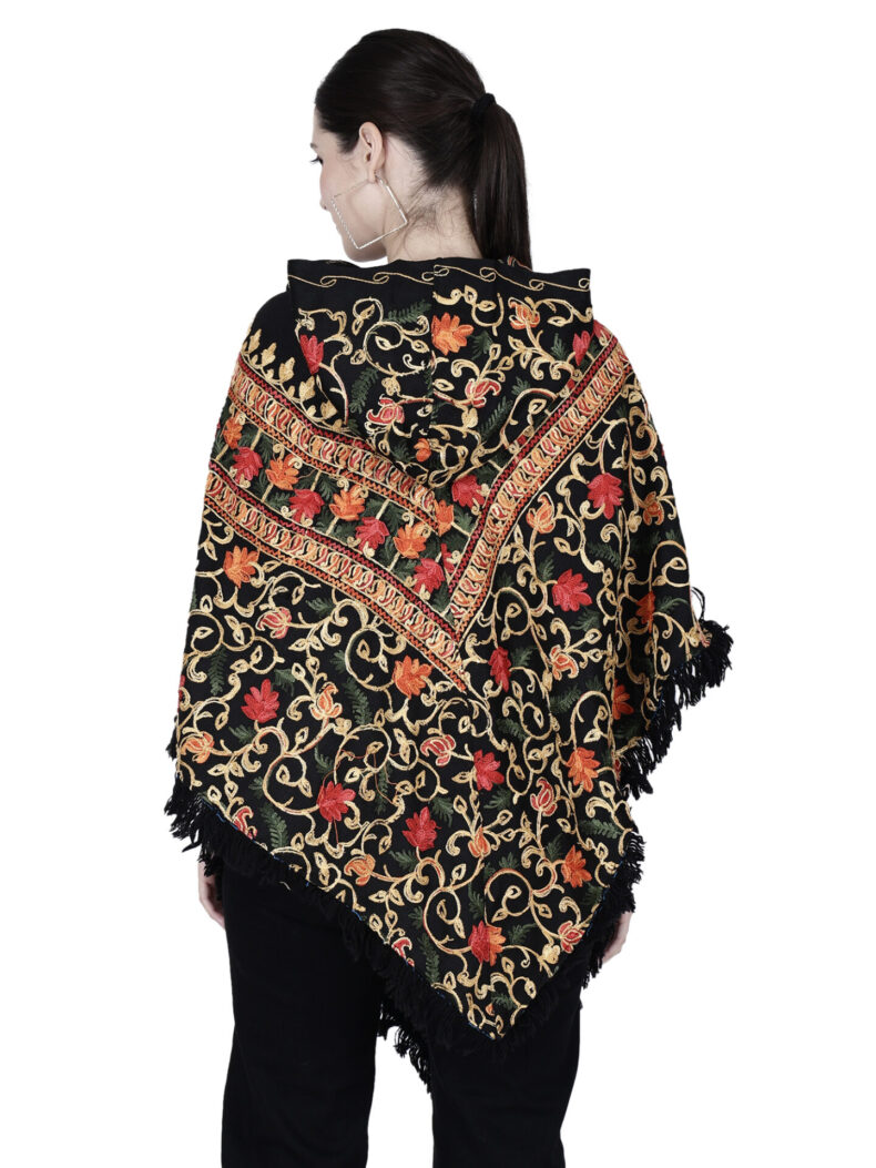 Kashmiri embroidered woolen poncho with hood for ladies black - Image 5