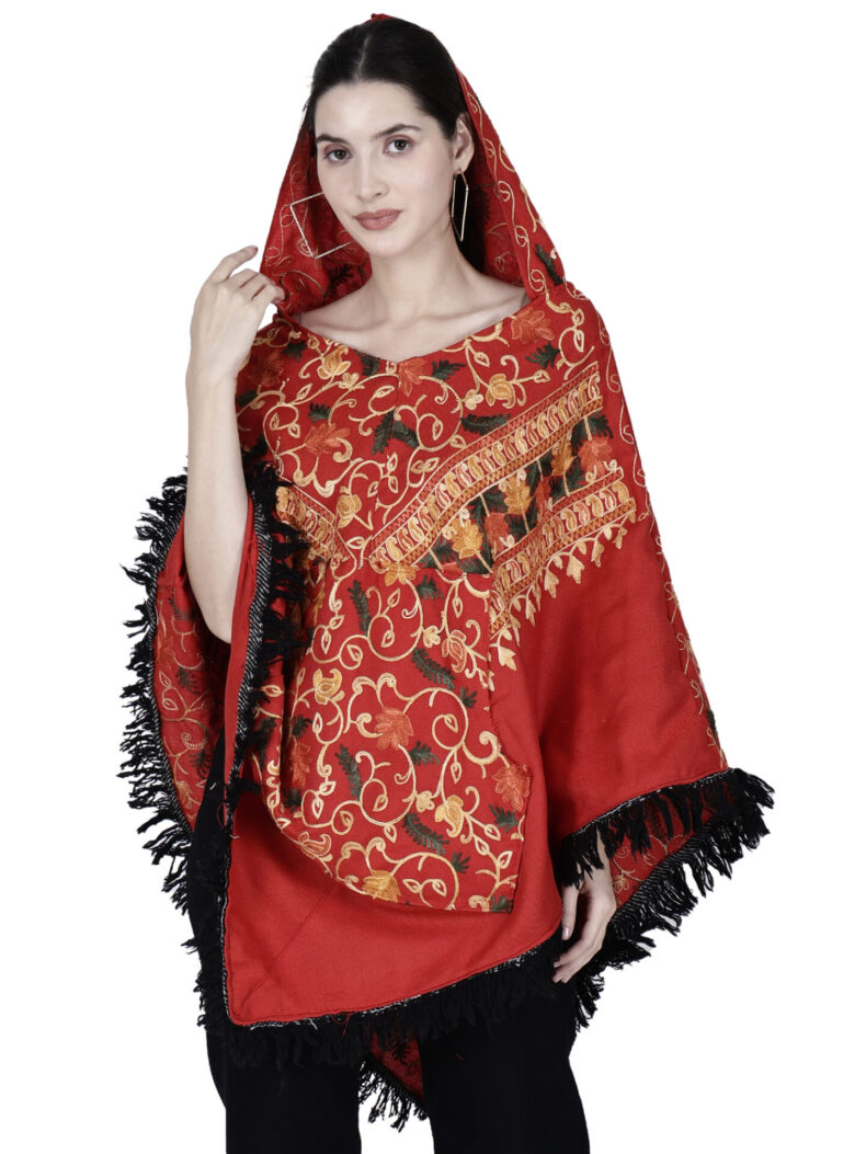 long poncho dress Kashmiri embroidered woolen poncho with hood for ladies red - Image 6