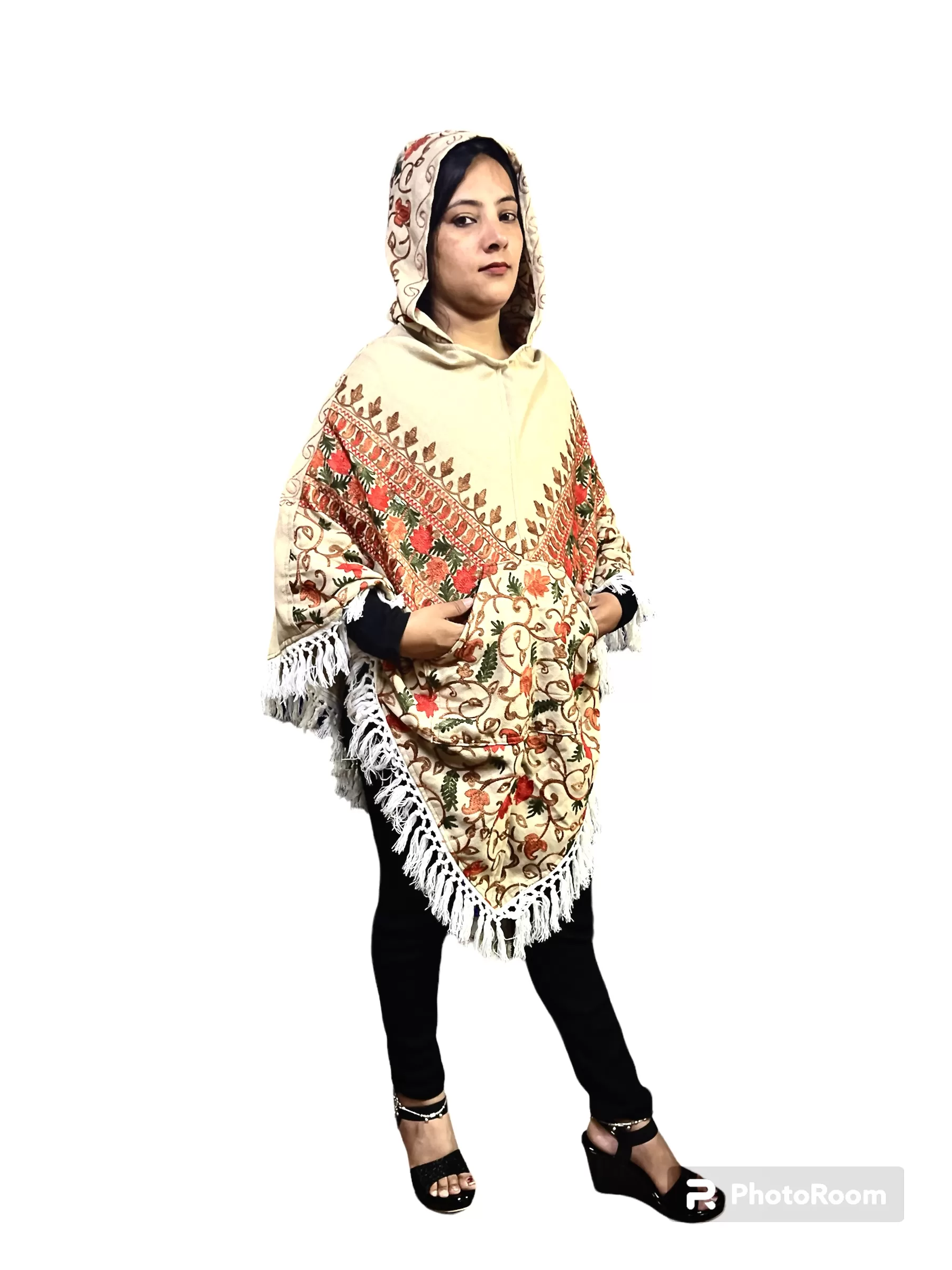 poncho sweater Kashmiri embroidered woolen poncho with hood for ladies Off  white