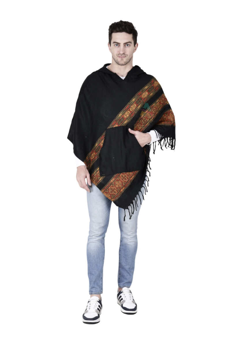 kullu shawl woolen poncho with hood black teen patti - Image 2