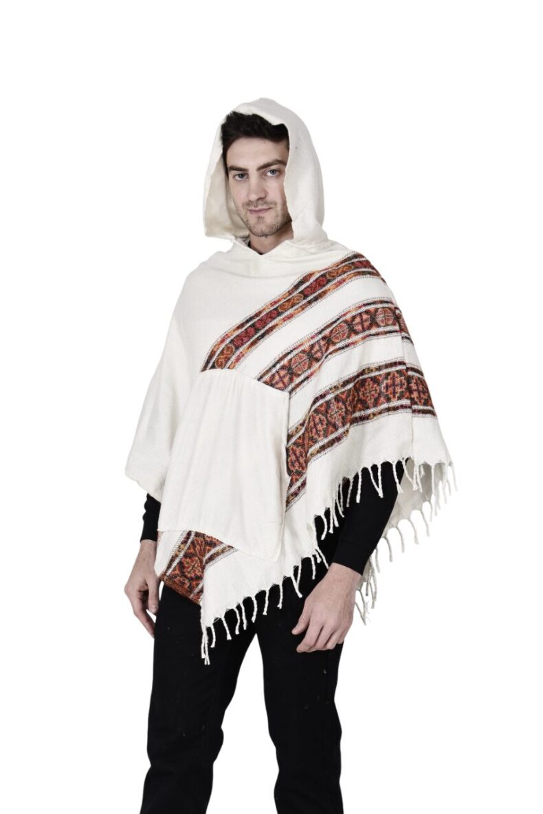 kullu shawl woolen poncho with hood white 3 patti poncho - Image 5